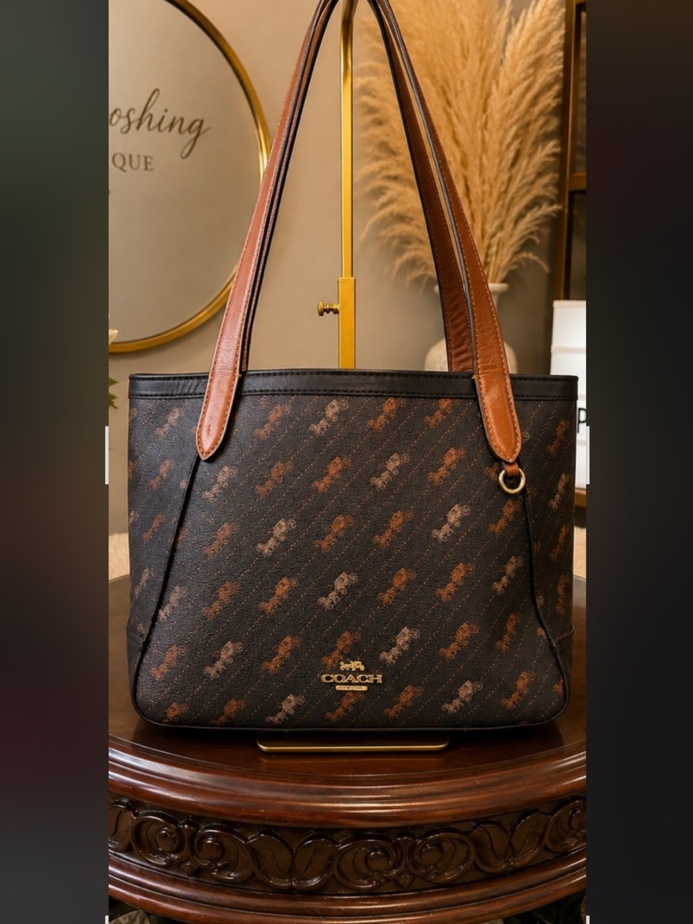 Coach Dark Brown Signature Monogram Shoulder Tote with Tan Leather Straps